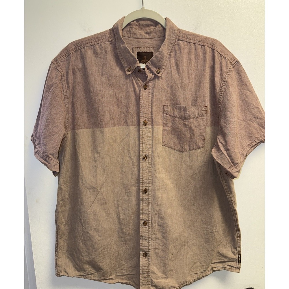 PRANA Top Broderick Colorblock Short Sleeve Button Up Distressed Red Size XL